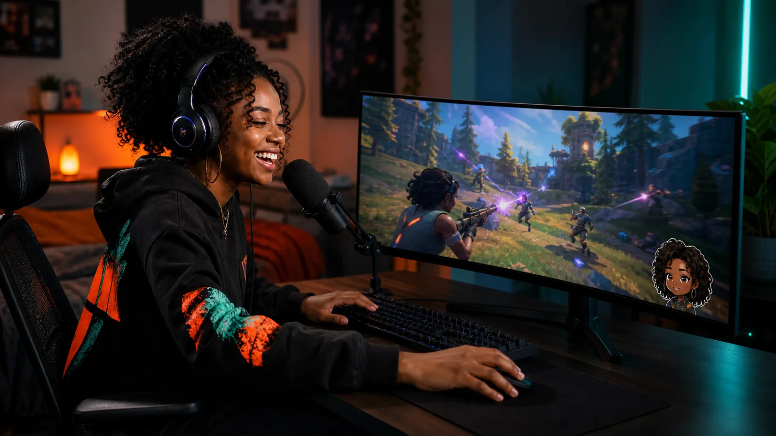 A gamer laughing with friends while using a changed voice during an online match